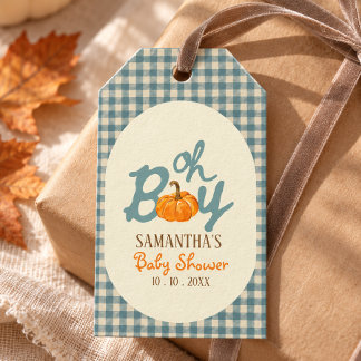 O jongen pompoen blauwe gingham baby shower cadeaulabel