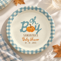 O jongen pompoen blauwe gingham baby shower