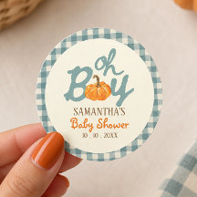 O jongen pompoen blauwe gingham baby shower