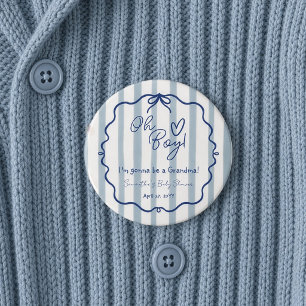 O Jongen Schattig Moderne Stof Blauw Babyfeest Oma Ronde Button 7,6 Cm
