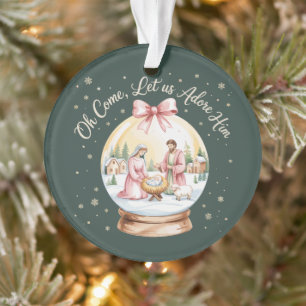 O kom, laat ons Hem aanbidden Jezus Kerst Roze Coq Ornament