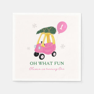 O wat leuk roze Kerstauto 1e verjaardagsfeestje Servet