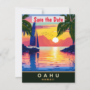Oahu Hawaï palmboom zonsondergang roze trouwkaart Save The Date
