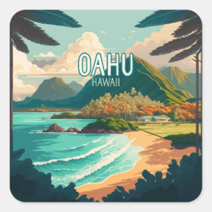 Oahu Hawaii Beach Retro Vierkante Sticker