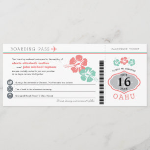 Oahu Hawaii Hibiscus Boarding Pass Wedding Kaart