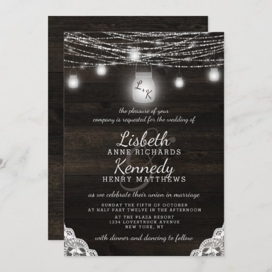 Oak Ridge Rustieke Mason Jars & String Licht Bruil Kaart (Voorkant / Achterkant)