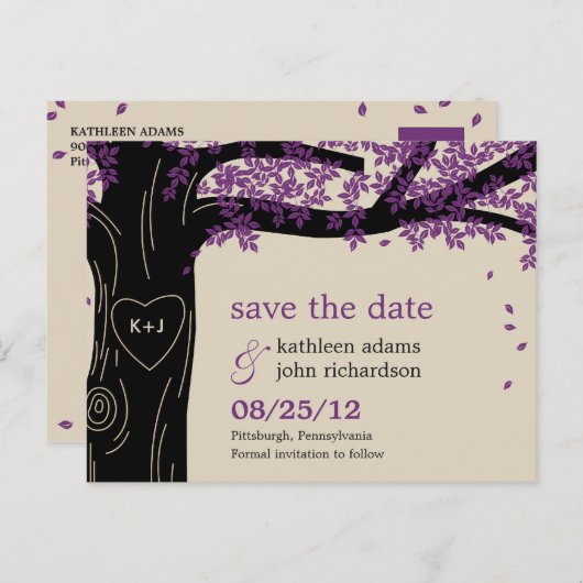 Oak Tree Mariage violet Enregistrer La Date Carte  (Devant / Derrière)