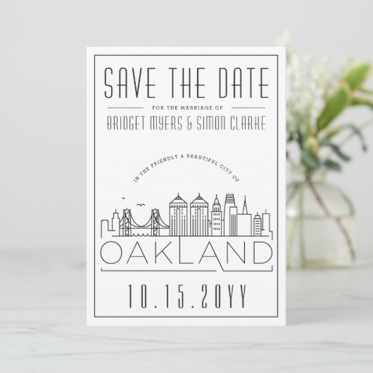 Oakland Bruiloft Gestileerde Silhouet Save the Dat Kaart (Staand voorkant)