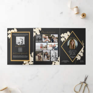 Obituary Viering van het Leven Foto Witte Bloemen Drieluik Uitnodiging