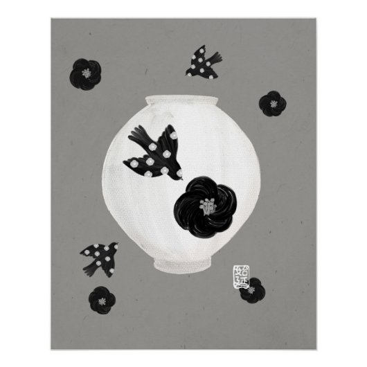 objet_22_camellia, oiseau et poterie affiche glacé (Devant)