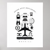 Objets de voyage modernes en noir et blanc Poster  (Devant)