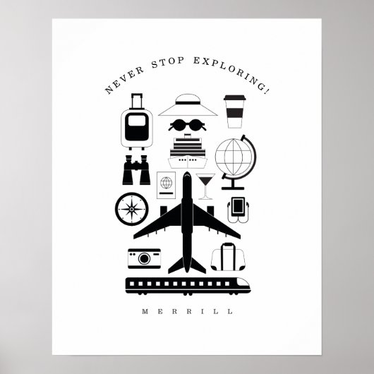Objets de voyage modernes en noir et blanc Poster (Devant)