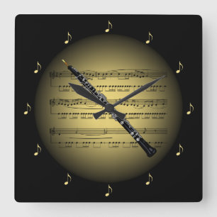 Oboe 3-D Gold Wereldbol ~ Blad Music ~ Black BG ~  Vierkante Klok