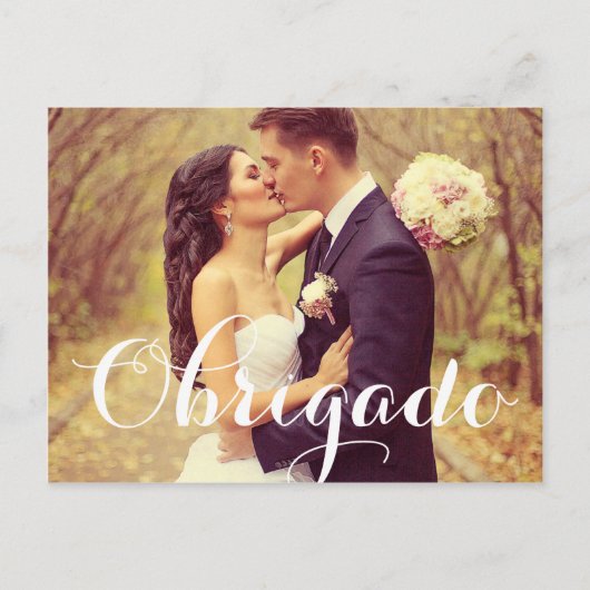 Obrigado Elegant White Script Weduwfoto Briefkaart (Voorkant)