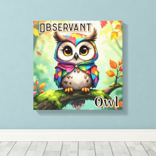 observerende uil | Schattigee Cartoon Kind Nursery Canvas Afdruk (Insitu (Houten vloer))