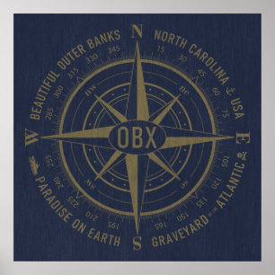 OBX Compass Outer Banks Gold Navy Blue Poster