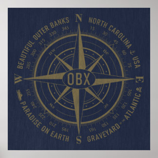 OBX Compass Outer Banks  Gold Navy Blue Poster