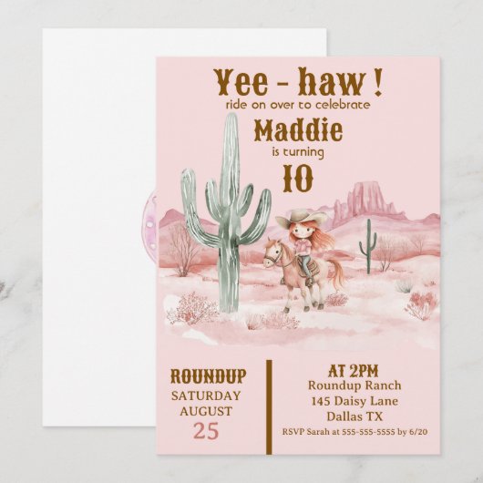Occidentale Cowgirl rose Invitation d'anniversaire (Devant / Derrière)