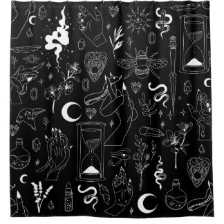 occult mystiek esoterisch hekserij kristallen zwar douchegordijn