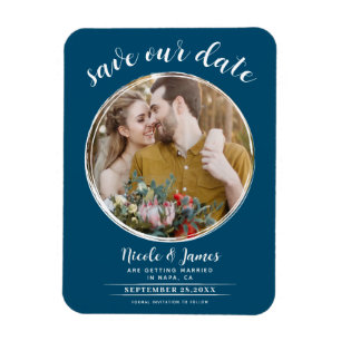 Oceaan Blauw Witte Moderne Ronde Foto Save the Dat Magneet