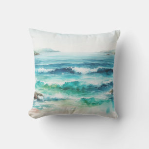 Oceaan golven strand aquarel schilderij kussen