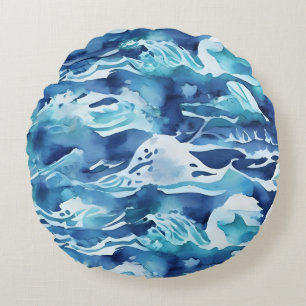 Oceaan golven Teal waterverf Aqua blauw Rond Kussen