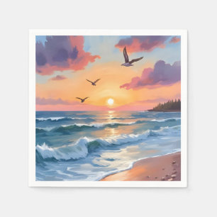 Oceaan golven zonsondergang   Olie Schilderij Kust Servet