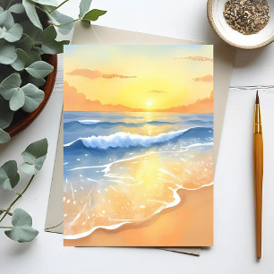 Oceaan golven zonsondergang   Strand aquarel Briefkaart