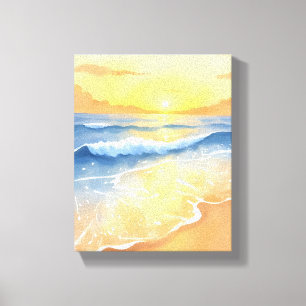 Oceaan golven zonsondergang Strand aquarel Canvas Afdruk