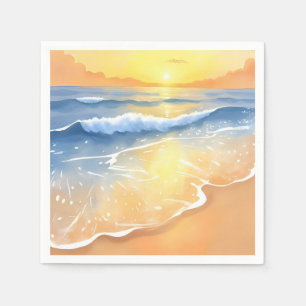 Oceaan golven zonsondergang   Strand aquarel Servet