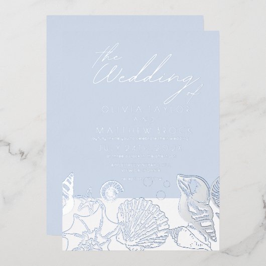 Oceaan Moderne Echt Zilveren Folie Trouw Uitnodigi Folie Uitnodiging (Voorkant / Achterkant)