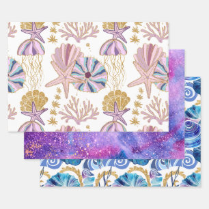 Oceaan Schelpen Zeesterren Blauw Paars Goud Roze Inpakpapier Vel