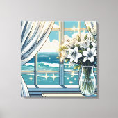 oceaan Uitzicht en vaas van bloemen Canvas Afdruk (Voorkant)