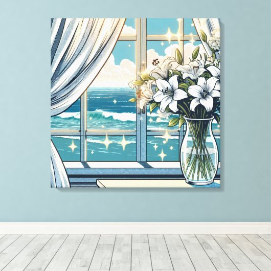 oceaan Uitzicht en vaas van bloemen Canvas Afdruk (Insitu (Houten vloer))