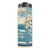  oceaan Uitzicht en vaas van bloemen Thermosbeker (Voorkant)