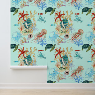 Oceaan Zee Schildpad Krab Zeester Waterverf Scène Behang