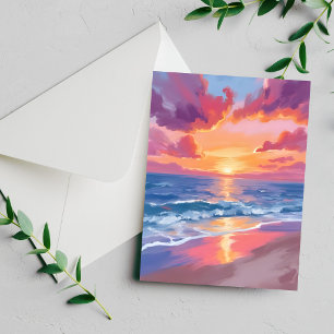 Oceaan Zonsondergang Aquarel Golven Zee Schilderij