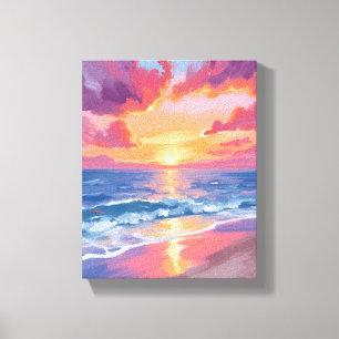 Oceaan Zonsondergang Aquarel Golven Zee Schilderij Canvas Afdruk