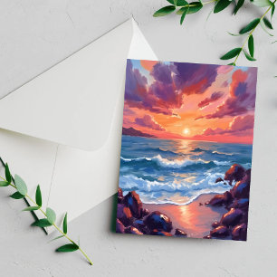Oceaan Zonsondergang Aquarel Strand Kust Kaart