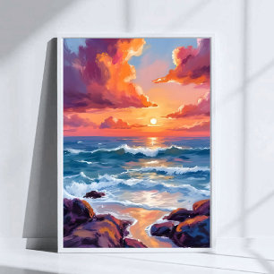 Oceaan Zonsondergang Pastel Waterverf Strand Schil Poster