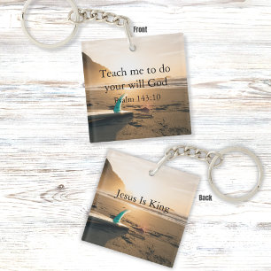 Oceaan Zonsondergang Strand met Psalm 143:10 Schri Sleutelhanger
