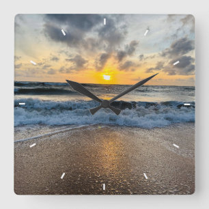Oceaan Zonsondergang Strand Wandklok Zonsopgang & Vierkante Klok