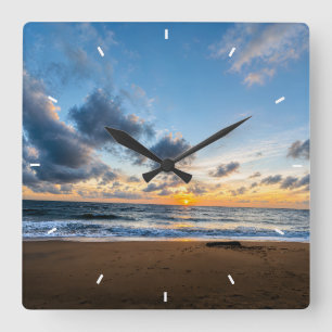 Oceaan Zonsondergang Strand Wandklok Zonsopgang & Vierkante Klok