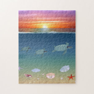 Oceaan zonsopgang, zeeschildpadden, sterren, schel legpuzzel