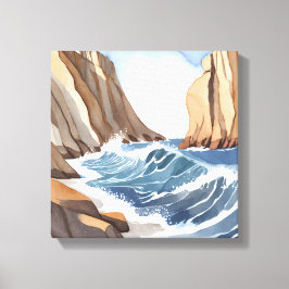 Oceaangolven crashen | Waterverf aan het strand Canvas Afdruk