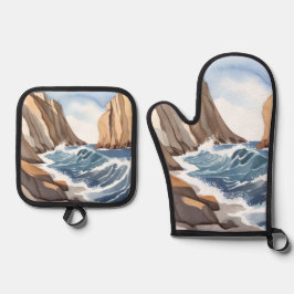 Oceaangolven crashen | Waterverf aan het strand Ovenwant & Pannenlap Set