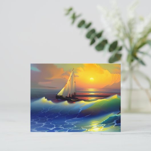 Oceaangolven, Zeilboot en Zonsondergang Reflection Briefkaart (Staand voorkant)