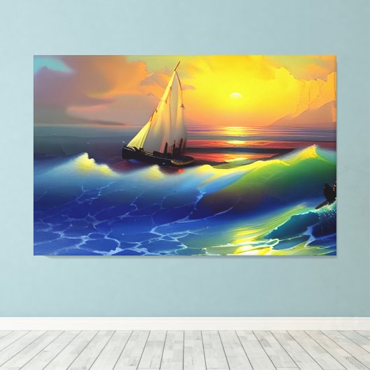 Oceaangolven, Zeilboot en Zonsondergang Reflection Canvas Afdruk (Insitu (Houten vloer))