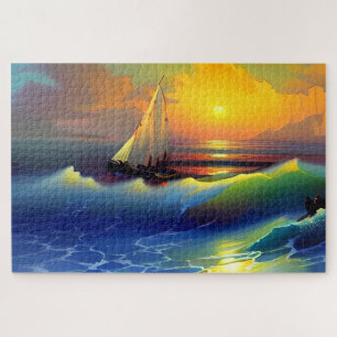 Oceaangolven, Zeilboot en Zonsondergang Reflection Legpuzzel