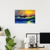 Oceaangolven, Zeilboot en Zonsondergang Reflection Poster (Thuiskantoor)